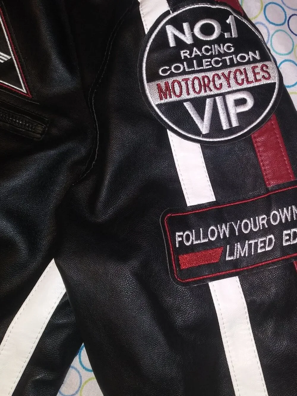 V.I.P. Collection Men’s Black Racing Motorcycle Jacket Red White Stripes Size -L